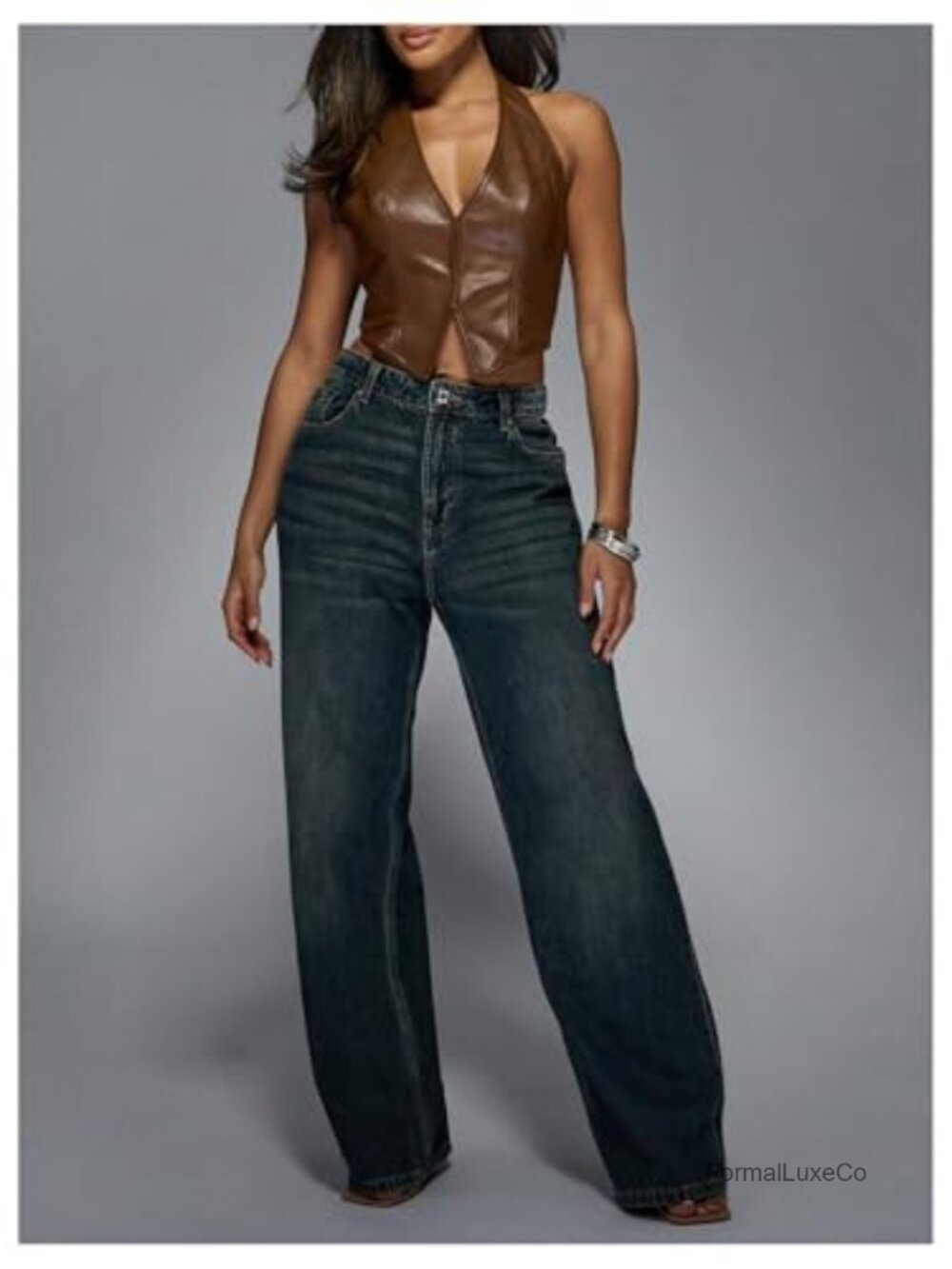 Faux Leather Halter Tank Top Sexy Deep V Neck Asymmetrical Corset Party Club - Picture 5 of 7